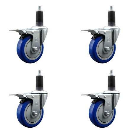 Service Caster 4'' Blue Poly Swivel 1-1/4'' Expanding Stem Caster Set Total Lock Brake, 4PK SCC-EXTTL20S414-PPUB-BLUE-114-4